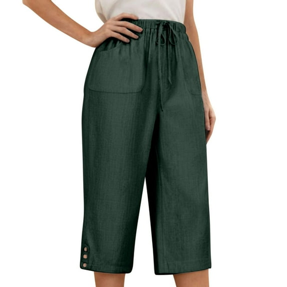 Womens Elastic High Waist Capri Pants Summer Casual Loose Fit Capris Wide Leg Cotton Linen Pants