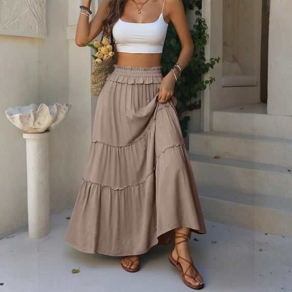 Womens Elastic High Waist Maxi Skirt Summer Flowy Long Skirts S