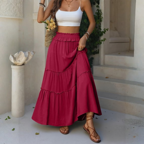 Womens Elastic High Waist Maxi Skirt Summer Flowy Long Skirts XL