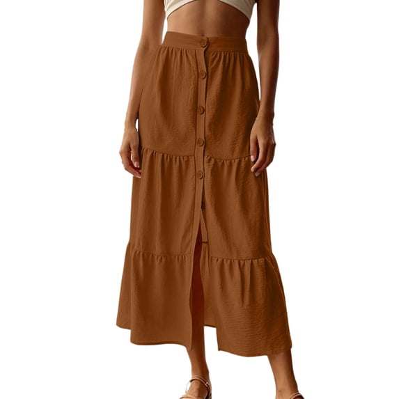 Womens Elastic High Waist Tiered Ruffle Midi Skirt Front Split Button Down Solid Boho Long Skirt for Summer Casual Wear Brown S(S)