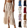 thumbnail image 1 of Womens Elastic High Waist Tiered Ruffle Midi Skirt Front Split Button Down Solid Boho Long Skirt for Summer Casual Wear Khaki XL(XL), 1 of 7