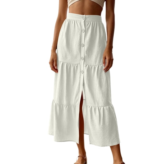 Womens Elastic High Waist Tiered Ruffle Midi Skirt Front Split Button Down Solid Boho Long Skirt for Summer Casual Wear White S(S)