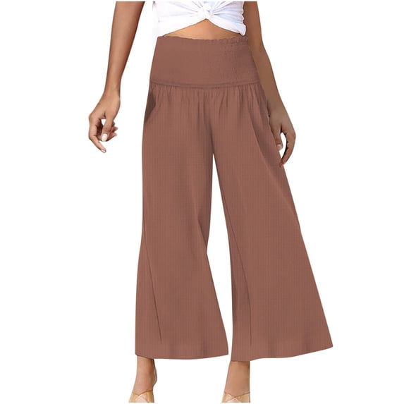 Womens Elastic High Waisted Palazzo Pants Casual Wide Leg Long Lounge Pants Spring Flowy Trousers with Pockets Ladies Comfy Plus Size Trendy Outfits Lightweight Cute Fashion Dressy Clothes
