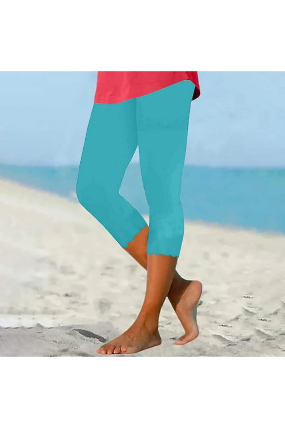 Womens Elastic Knit High Waist Yoga Pants Casual Capris Trousers Joggers Pull on Capris Cropped Pants Light Blue XXL