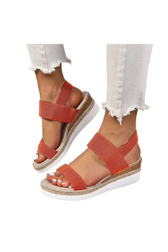 Womens Elastic Strap Platform Sandals Comfortable Slip on Espadrilles Wedge Sandal Lightweight Knit Non Slip Walking Shoes Orange Size 8
