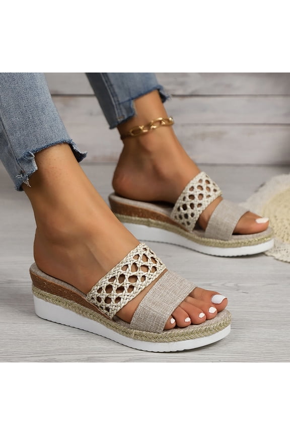 Womens Elastic Strappy Wedge Sandals Open Toe Summer Beach Low Wedges Shoes Beige 5.5