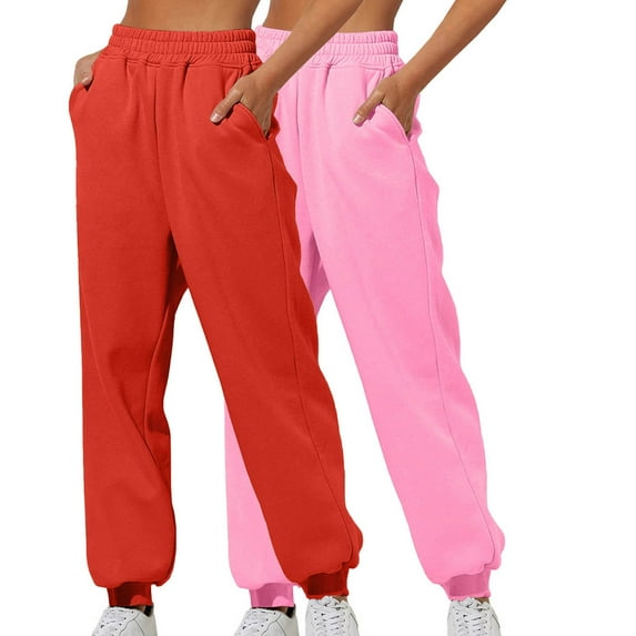 Womens Elastic Sweatpants Baggy High Waisted Athletic Joggers Workout Loungewear Trousers 2pc Sweat Pants with Pockets Work Trousers Stretch S-56 Hot Pink-a L