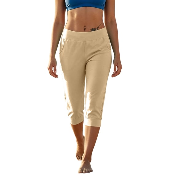 Womens Elastic Waist Capri Jogger Pants Cuffed Ankle Pocket Cropped Yoga Sports Casual Pants Beige S(S)