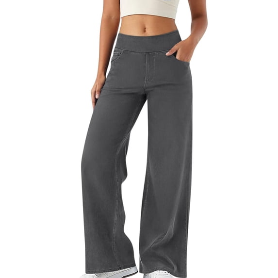 Womens Elastic Waist Denim Jeans Straight Leg Loose Fit Pants Fashion Casual Daily Long Trousers Pull on Jeans for Women Stretchy Waistband
