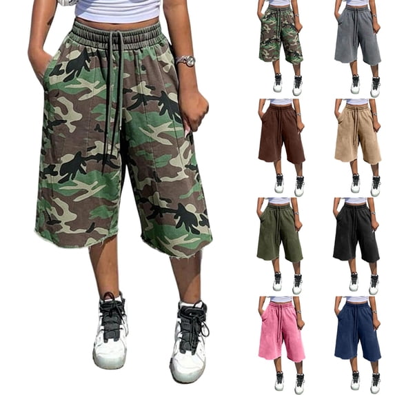 Womens Elastic Waist Drawstring Bermuda Shorts, Oversized Loose Fit Raw Hem Casual Knee Shorts Camouflage L