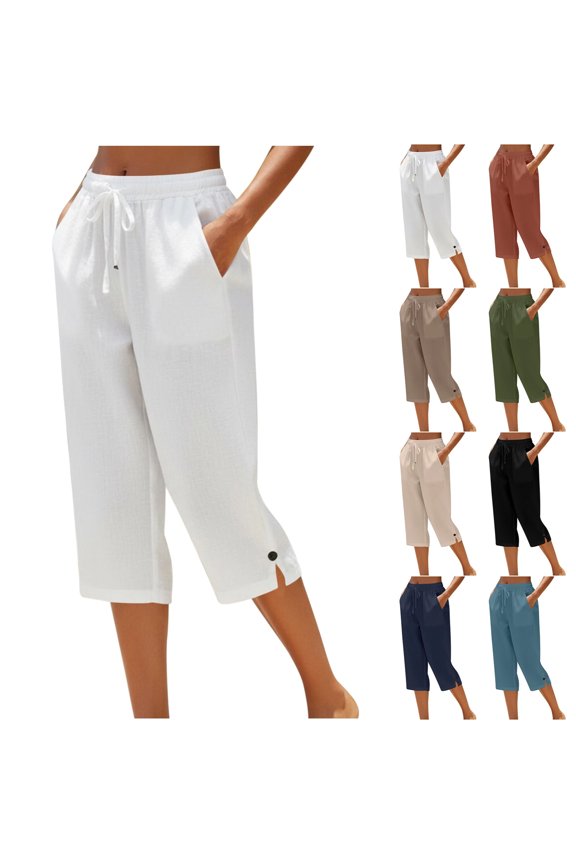 Womens Elastic Waist Drawstring Cotton Linen Capri Pants Loose Fit Cropped Trousers Buttoned Split Hem Daily Wear Casual Pants , #01 White, XXL