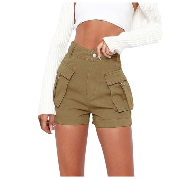 Womens Elastic Waist Drawstring Shorts Fashion Women Solid Color Casual Loose Denim Cargo Pocket Shorts Khaki Xs