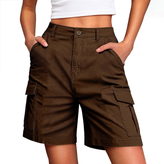 Womens Elastic Waist Drawstring Shorts Womens Summer Fashion Solid Casual Button Zipper Pocket Cargo Shorts Pants Brown Xl