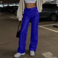thumbnail image 1 of Womens Elastic Waist Faux Leather Pants Solid Color Wide-Leg Button Zipper Side Pockets Stretchy Relaxed Fit Casual Daily Office Weekend Fall Winter Fashion Ladies Outfit Blue M, 1 of 9