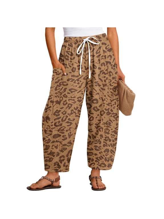 Womens Elastic Waist Flowy Barrel Pants Baggy Leopard Print Wide Leg Drawstring Sweatpants With Pockets Casual Y2K Loose Fit Cropped Lounge Pants