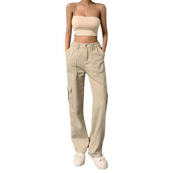 Womens Elastic Waist Jeans Women Khaki Trousers Jean Trousers Full Length Pants Casual Straight Leg Cargo Pants S-2 Khaki L
