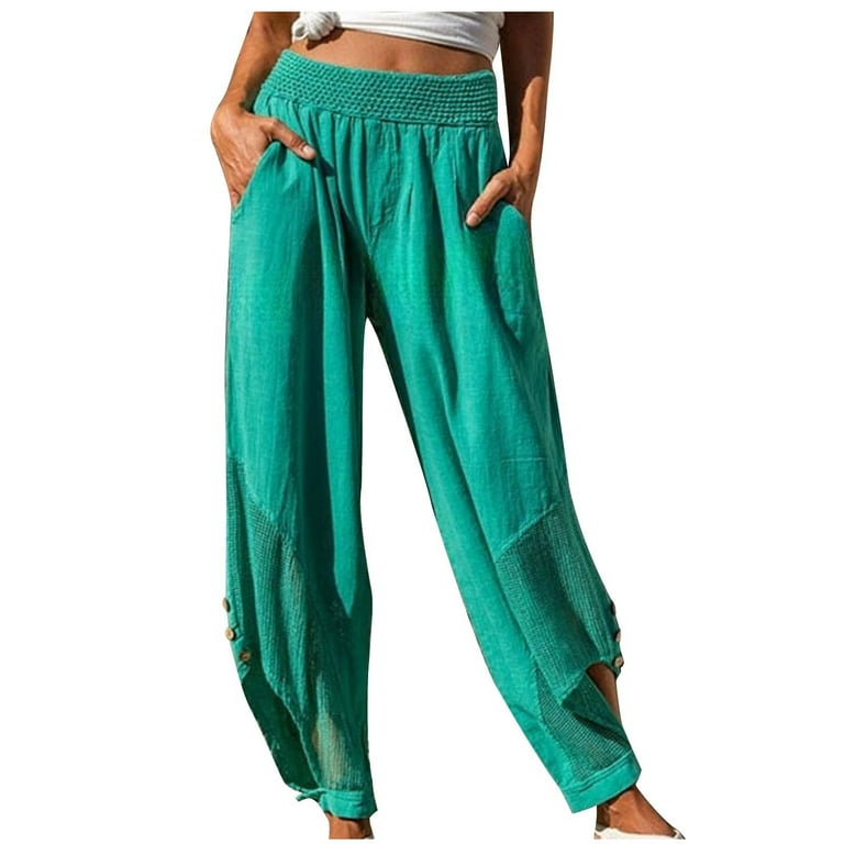 Womens Elastic Waist Linen Pants Cut Out Bottom Wide Leg Loose Beach Pants  with Pockets Plus Size Boho Trousers (Small, Green)