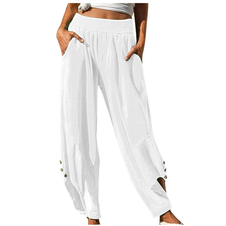Womens Elastic Waist Linen Pants Cut Out Bottom Wide Leg Loose Beach Pants  with Pockets Plus Size Boho Trousers (XX-Large, White) 