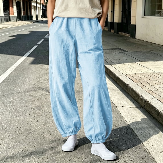 Womens Elastic Waist Pants Casual Loose Jogger Trousers With Ankle Cuffs for Daily Wear