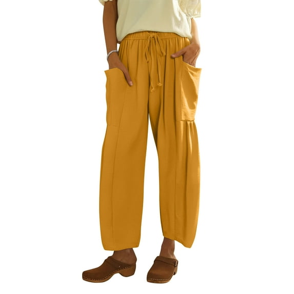 Womens Elastic Waist Pants Plus Size Wide Leg Linen Ankle Length High Waisted Drawstring Trousers Lounge Boho Gaucho Pantswith Pockets Yellow XXL