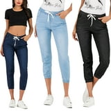 Womens Elastic Waist Pencil Stretch Denim Skinny Drawstring Jeans Pants ...