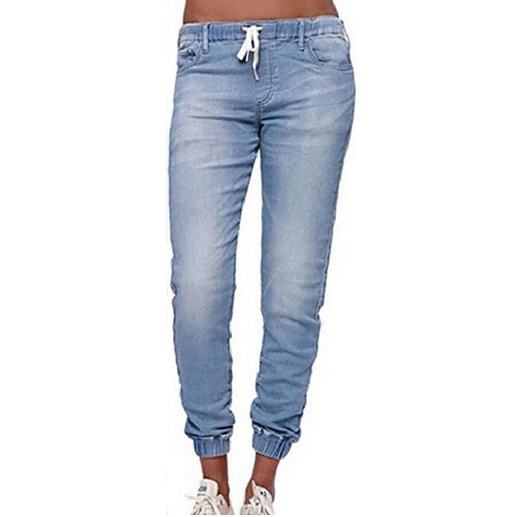 Womens Elastic Waist Pencil Stretch Denim Skinny Drawstring Jeans Pants Trousers - image 1 of 5