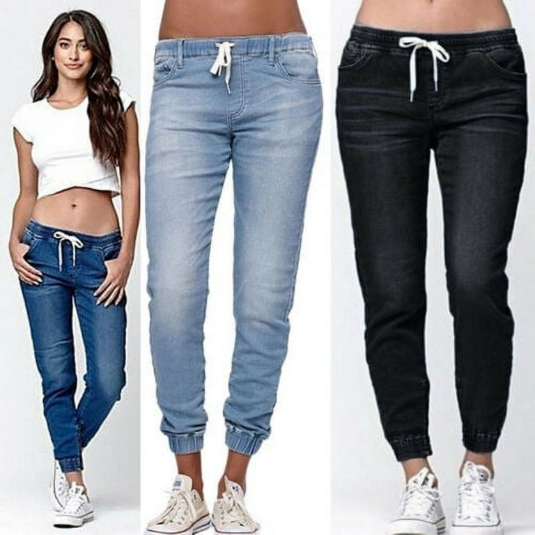 Womens Elastic Waist Pencil Stretch Denim Skinny Drawstring Jeans