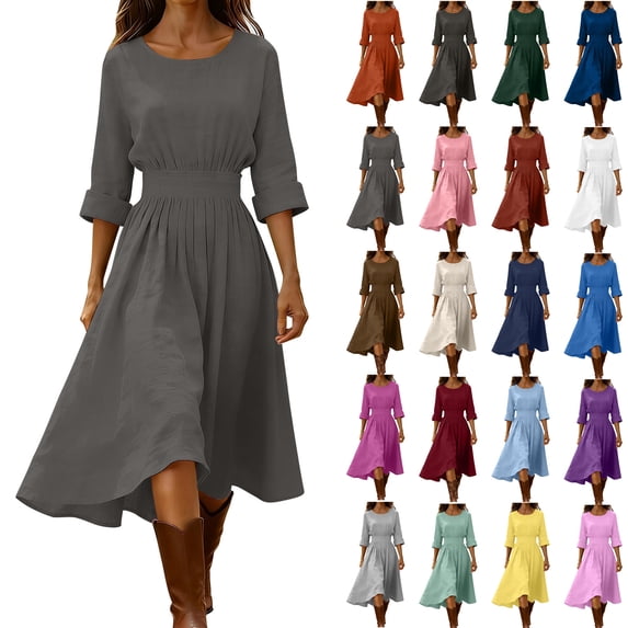 Womens Elastic Waist Pleated Dresses Round Neck 3/4 Rolled Cuff Back Zipper Flowy A Line Casual Midi Dress for Summer Daily Beach