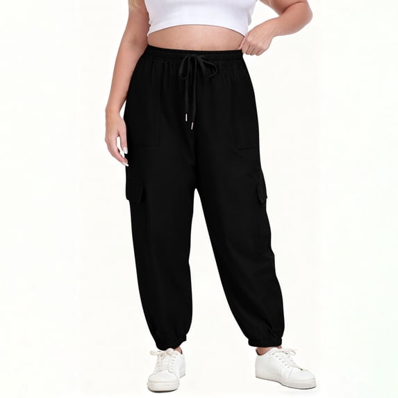 Womens Elastic Waist Plus Size Sweatpants Solid Color Drawstring With Pockets Soft Comfy Fabric Casual Loungewear Athletic Daily Office Weekend Ladies Wear Black 4XL