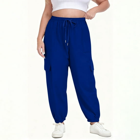 Womens Elastic Waist Plus Size Sweatpants Solid Color Drawstring With Pockets Soft Comfy Fabric Casual Loungewear Athletic Daily Office Weekend Ladies Wear Blue 4XL