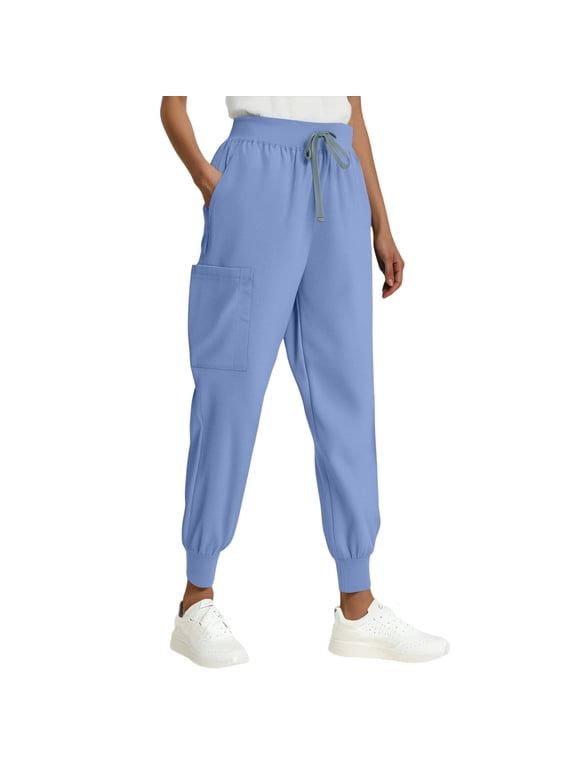 Womens Elastic Waist Scrub Pants - Soft Comfort, Adjustable Drawstring & Side Pockets | Nurses,Healthcare,Casual wear Blue 2XL