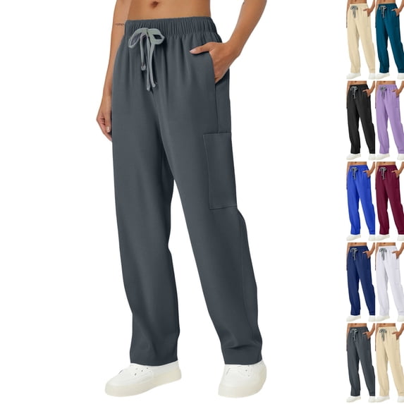 Womens Elastic Waist Scrub Pants - Soft Comfort, Adjustable Drawstring & Side Pockets | Nurses,Healthcare,Casual wear Gray XXL