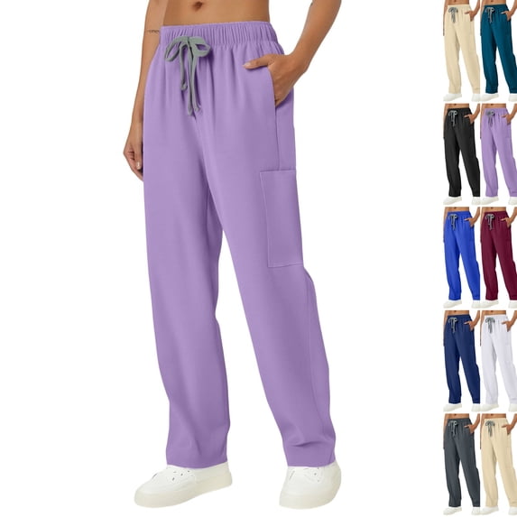 Womens Elastic Waist Scrub Pants - Soft Comfort, Adjustable Drawstring & Side Pockets | Nurses,Healthcare,Casual wear Purple S