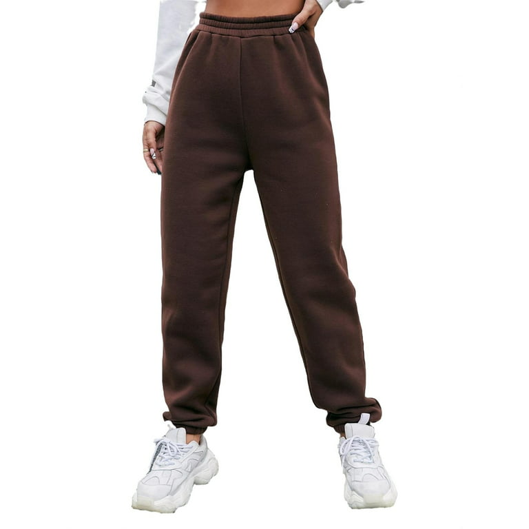 Womens Elastic Waist Sweatpants Plain Long Regular Fit Chocolate Brown M