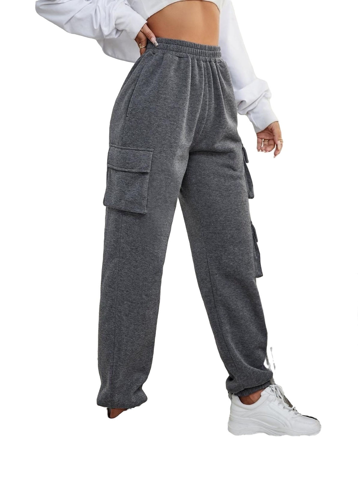 Womens Elastic Waist Sweatpants Plain Long Regular Fit Dark Grey XS 