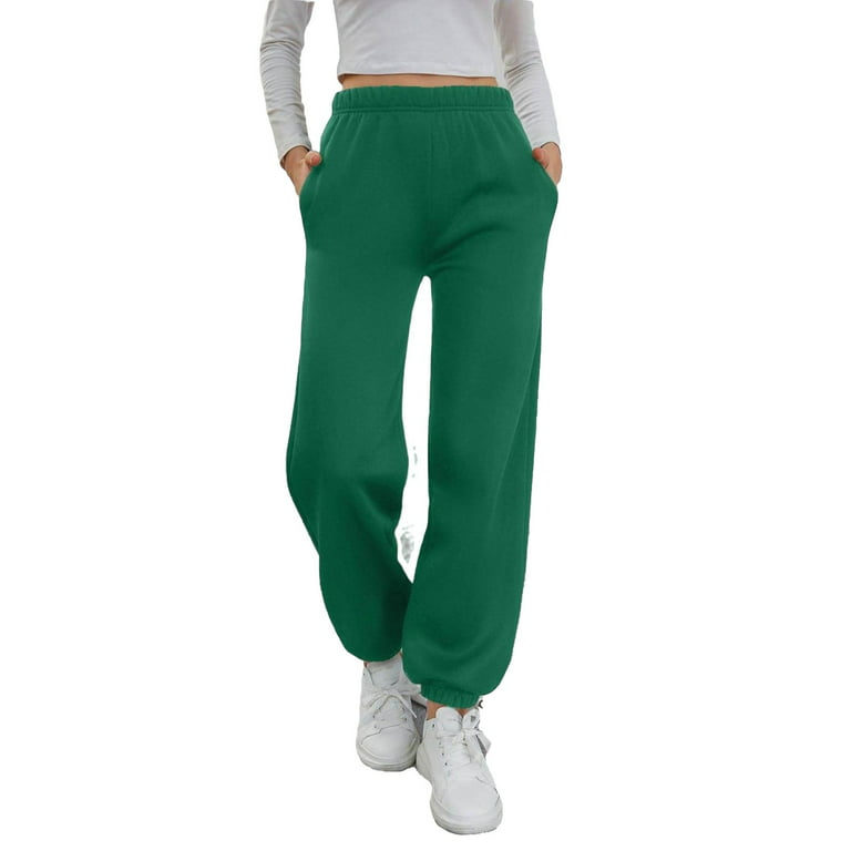 Womens Elastic Waist Sweatpants Plain Long Regular Fit Green XS