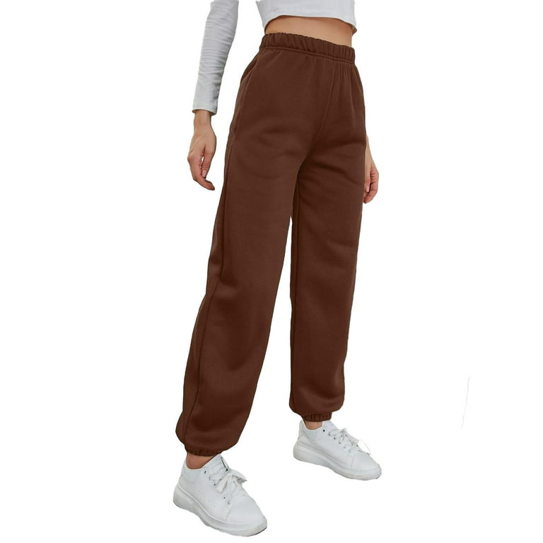 Womens Elastic Waist Sweatpants Plain Long Regular Fit Rust Brown M