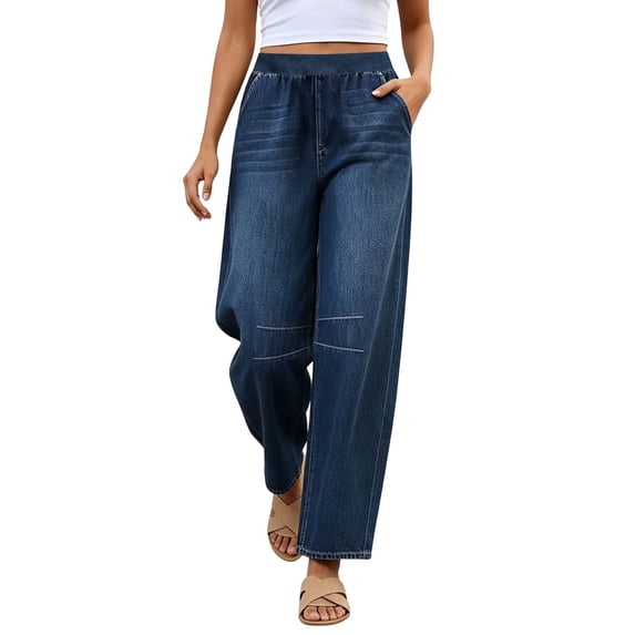 Womens Elastic Waist Wide Leg Denim Jeans With Side Pockets For Casual Everyday Wear Denim Pants For Women