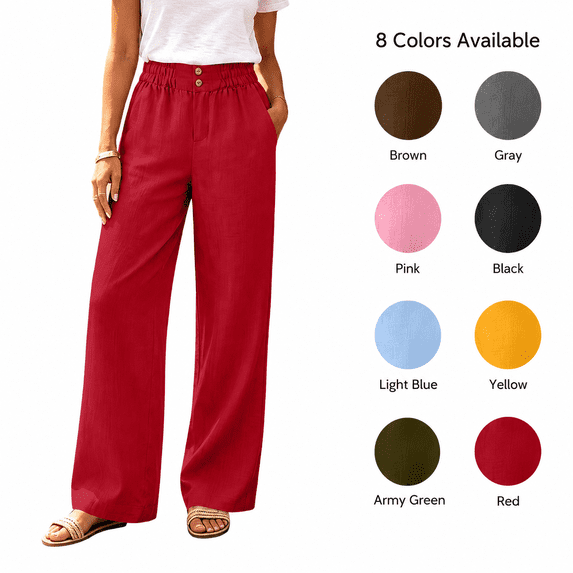Womens Elastic Waist Wide Leg Pants with Pockets Solid Color Loose Casual Office Commute Trouses M