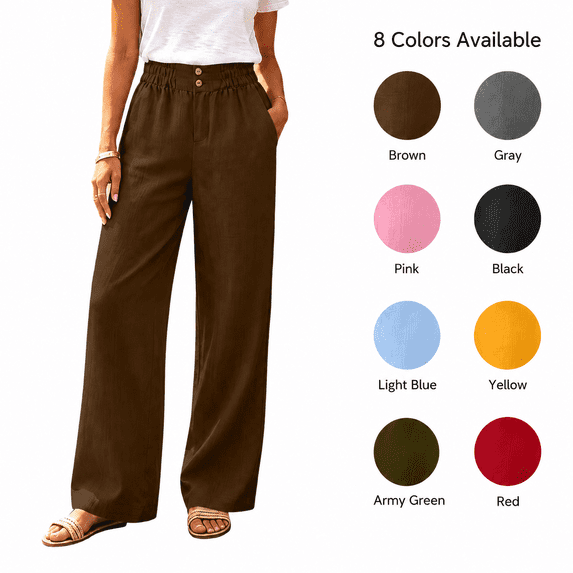 Womens Elastic Waist Wide Leg Pants with Pockets Solid Color Loose Casual Office Commute Trouses XL