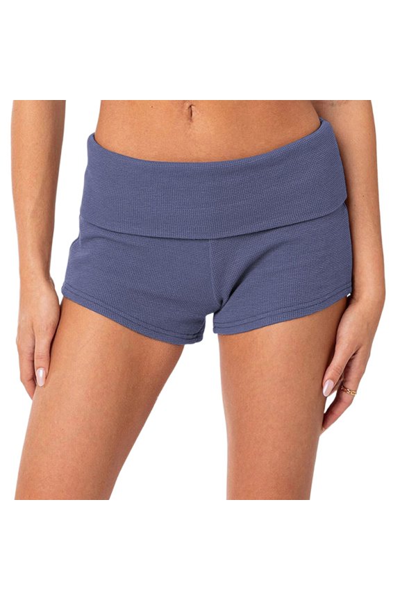 Womens Elastic Waist Y2k Lounge Shorts Foldover Cute Pajama Micro Bottoms Mini Shorts Sleepwear Blue XL