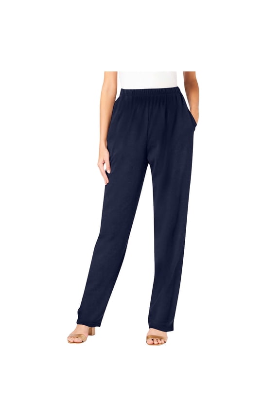 Womens Elastic Waisted Long Pants Comfy Straight Leg Stretch Pull On Trousers Regular Fit Casual Work Pant