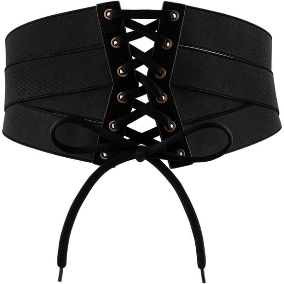 Womens Elastic Wide Band Wrap Cinch Retro High Waist Lace-Up Tie PU Leather Corset Cinch Belt Costume Party