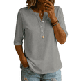 thumbnail image 1 of Womens Elbow Length Sleeve T-Shirts 3/4 Sleeve Casual V Neck Buttons Tops Solid Color Loose Fit Summer Beach Vacation Shirts, 1 of 5