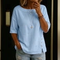 thumbnail image 1 of Womens Elbow Length Sleeve T-Shirts Crew Neck Side Button Detail Tops Solid Color Casual Summer Blouses 2XL, 1 of 5