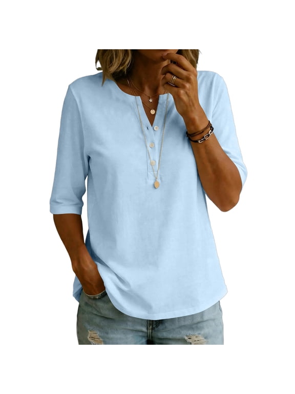 Womens Elbow Length Sleeve T-Shirts V Neck Buttons Tops Solid Color Loose Fit Summer Shirts L