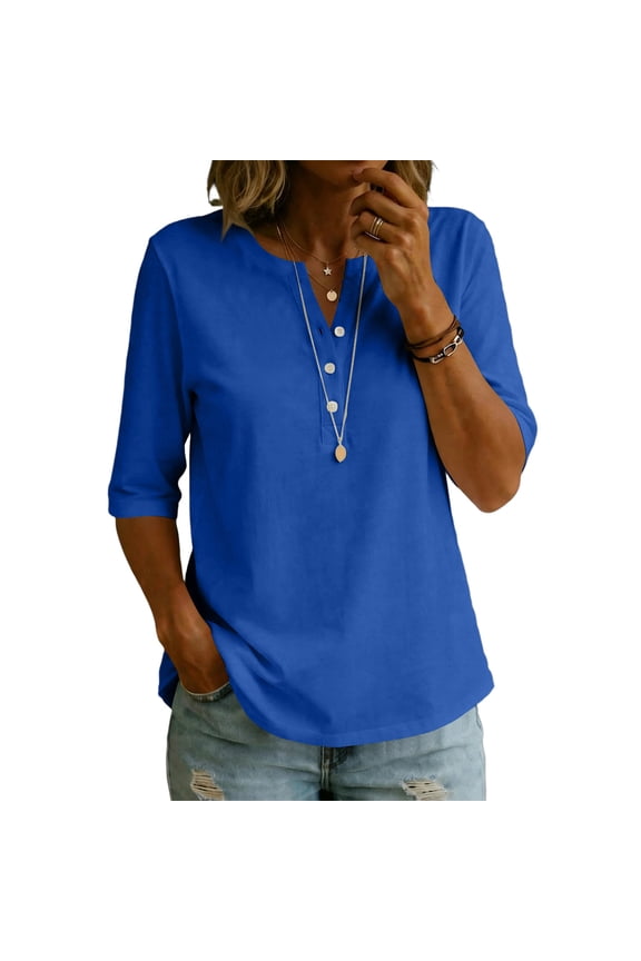 Womens Elbow Length Sleeve T-Shirts V Neck Buttons Tops Solid Color Loose Fit Summer Shirts M