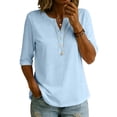 thumbnail image 1 of Womens Elbow Length Sleeve T-Shirts V Neck Buttons Tops Solid Color Loose Fit Summer Shirts M, 1 of 5