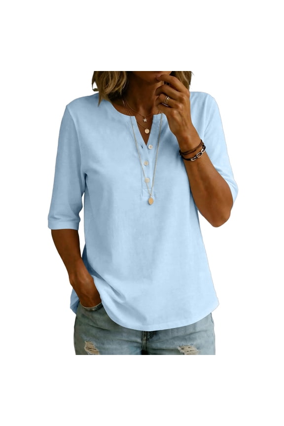 Womens Elbow Length Sleeve T-Shirts V Neck Buttons Tops Solid Color Loose Fit Summer Shirts S