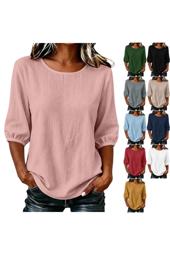 Womens Elbow Sleeve Flowy Tunic Tops Round Neck Loose Fit Textured Blouse Curved Hem to Wear with Leggings Fall Clothes Everyday Outfits, Pink, S